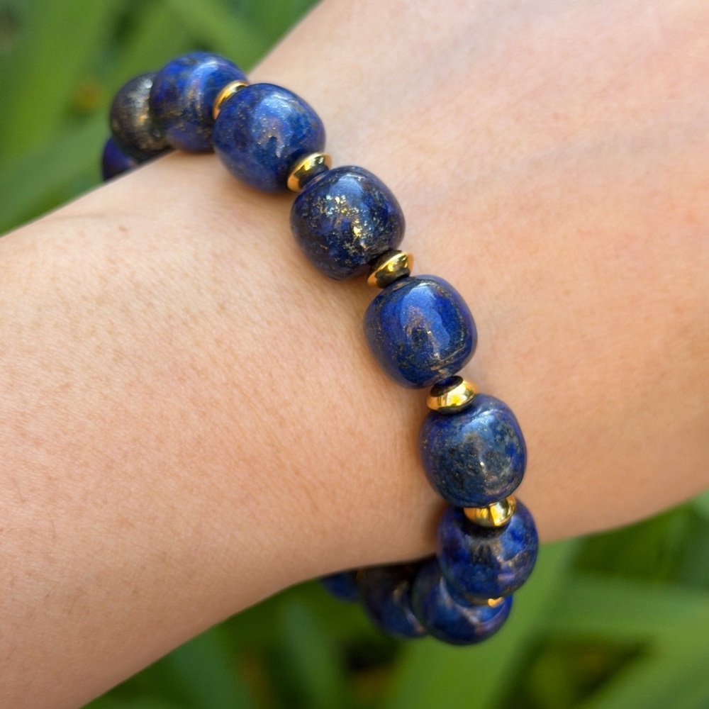 12mm stretchable‎ stainless steel lapis lazuli barrel bracelet 0770 - Picture 6 of 10